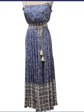 Celina Moon  Blue Floral Boho Maxi Dress with Tassel Belt